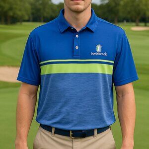 FOOTJOY Polo Shirt Men’s Medium Golf Blue Yellow Stripe Stretch Innisbrook NEW